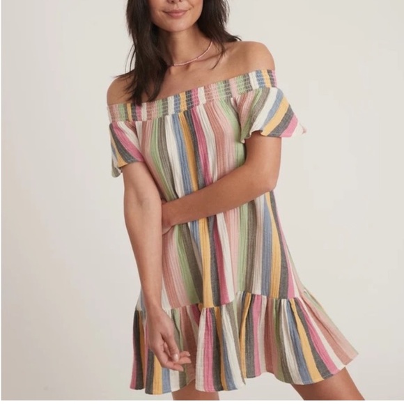 Marine Layer Dresses & Skirts - MARINE LAYER Shirley Rainbow Stripe Off Shoulder Ruffle Hem Mini Skirt Dress S